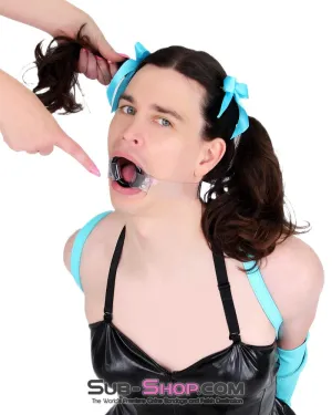 1495A-SIS      Pretty Forced Feminization Sissy Wench Clearly Wide Open Luxe Clear PVC Wide Strap Plastic Ring Gag