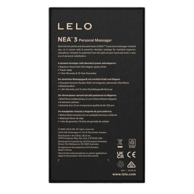 Aparat de masaj LELO NEA 3 Pitch Black. pentru corp și zone intime. cu 10 funcții de vibrație. design cu fluturi și flori. negru cu auriu