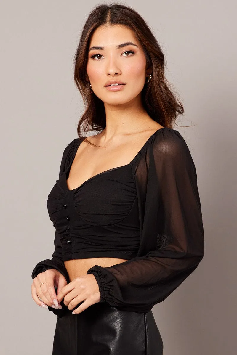 Black Crop Top Long Sleeve Ruched
