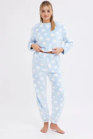 Blue Print Fluffy Pj Star Print Cosy Pyjama Set