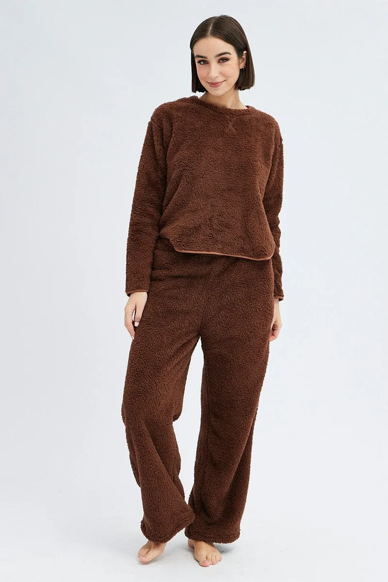 Brown Fluffy PJ Fleece Cosy Pyjama Set