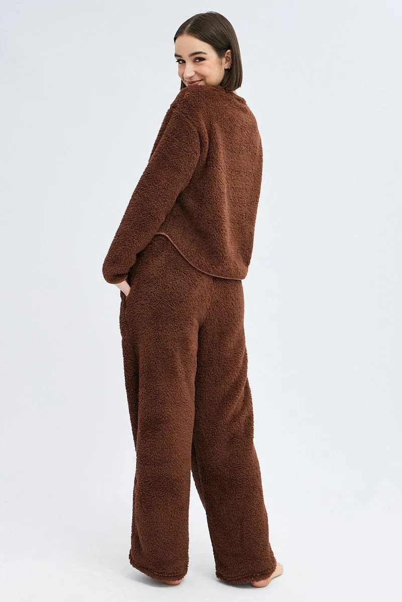 Brown Fluffy PJ Fleece Cosy Pyjama Set