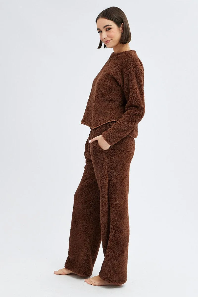 Brown Fluffy PJ Fleece Cosy Pyjama Set