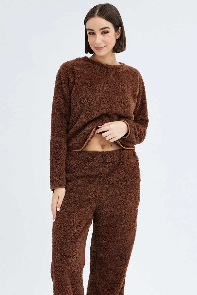 Brown Fluffy PJ Fleece Cosy Pyjama Set