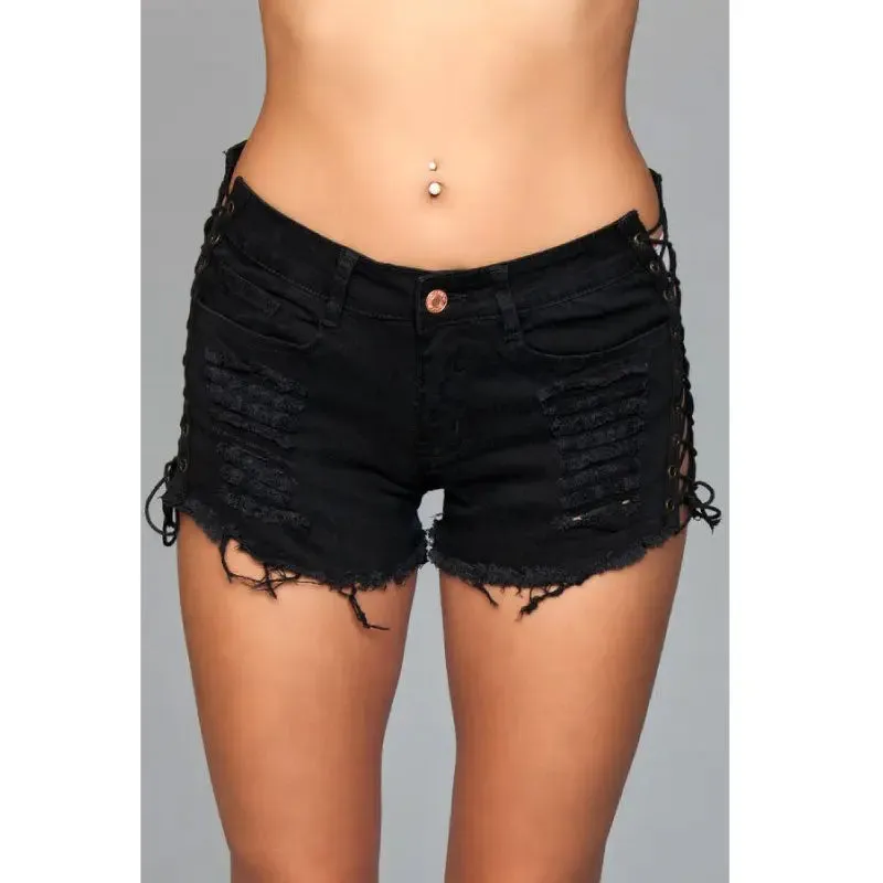 Denim Shorts Lace-Up Side Detail Black Large Packaging Hanging