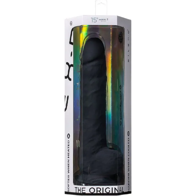 Dildo SILEX-D 15 Model 1. design realist cu testicule. reactiv la căldură. bază cu ventuză. lungime 38 cm. negru