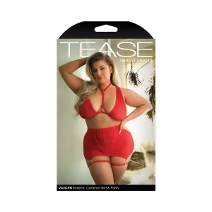 Fantasy Lingerie Tease Vaughn Harness Bralette. Gartered Skirt & G-String Red 1XL/2XL