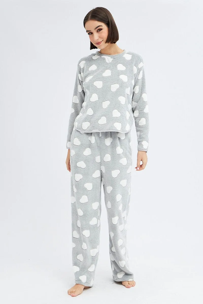 Grey Print Fluffy Pj Mint Cloud Print Cosy Pyjama Set