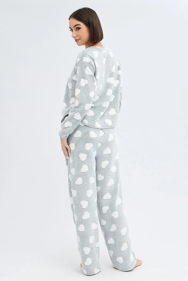 Grey Print Fluffy Pj Mint Cloud Print Cosy Pyjama Set