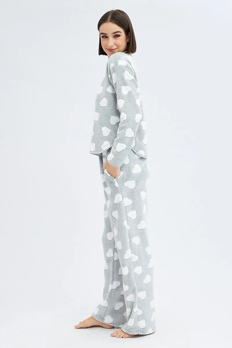 Grey Print Fluffy Pj Mint Cloud Print Cosy Pyjama Set