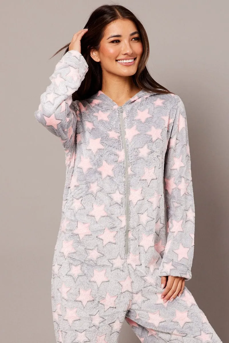 Grey Print Fluffy Pyjama Onesie Star Fleece Nightwear PJ