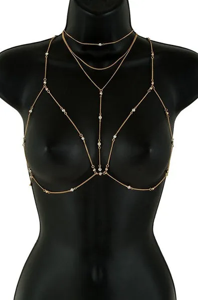Metal and Rhinestone Body Chain Bra