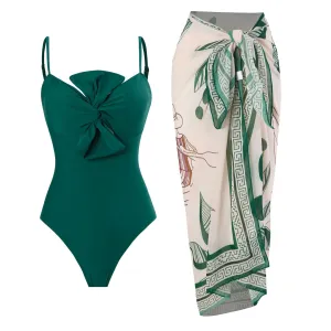 Monokini Solid Color Swimsuit with Floral Sarong By Sinderella
