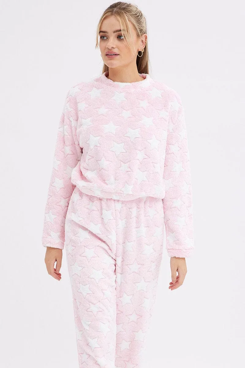 Pink Print Fluffy Pj Star Print Cosy Pyjama Set