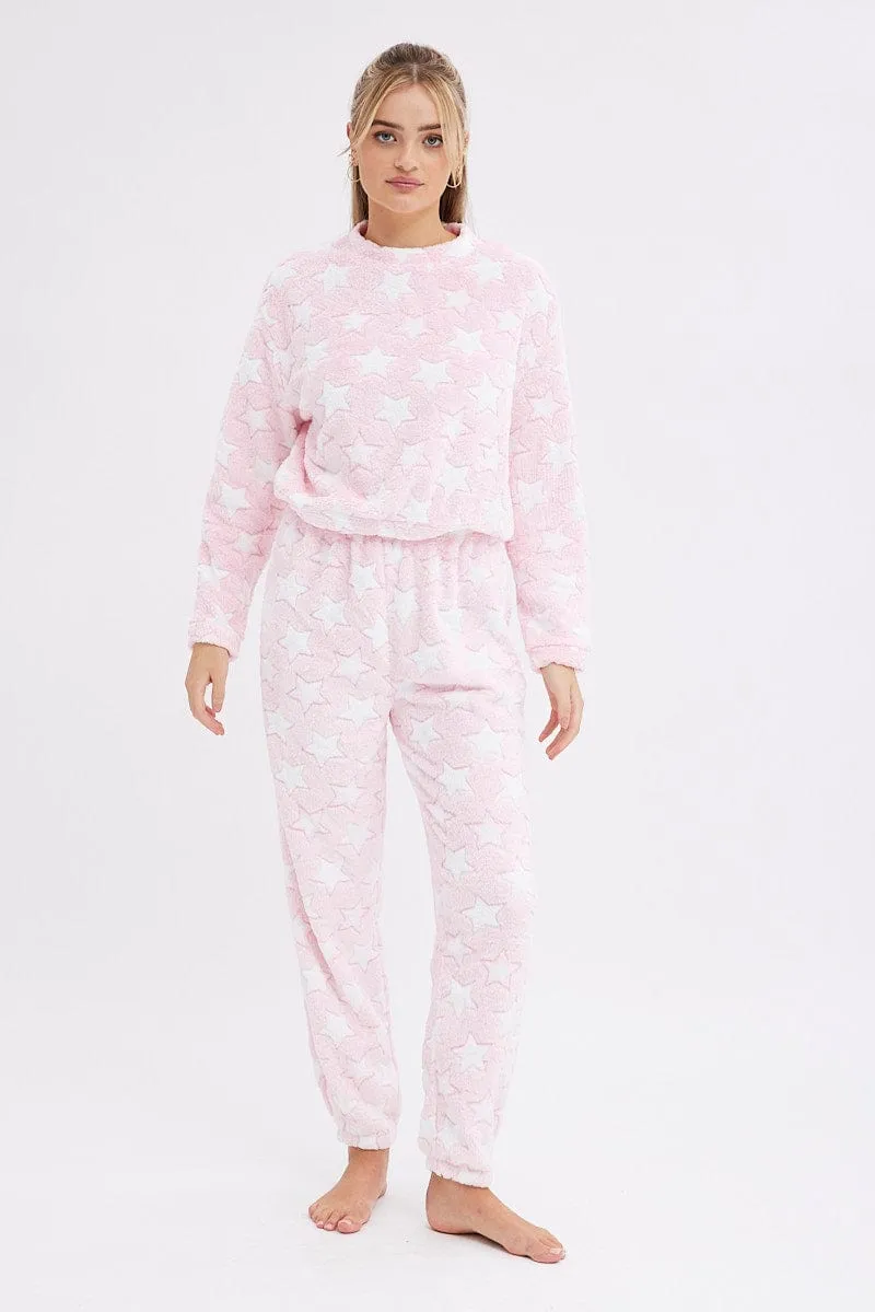 Pink Print Fluffy Pj Star Print Cosy Pyjama Set