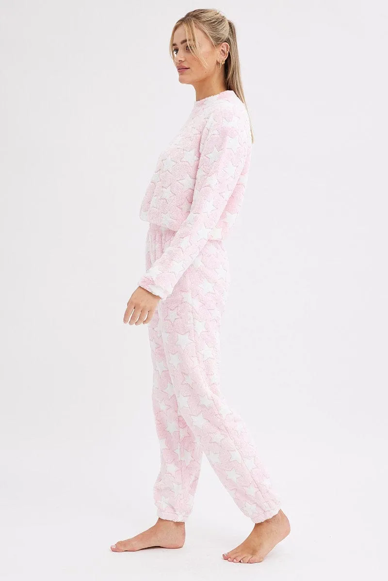 Pink Print Fluffy Pj Star Print Cosy Pyjama Set