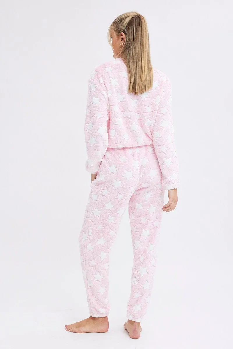 Pink Print Fluffy Pj Star Print Cosy Pyjama Set