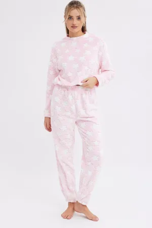 Pink Print Fluffy Pj Star Print Cosy Pyjama Set