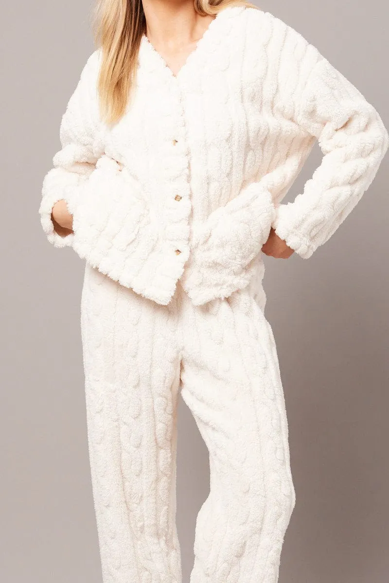 White Fluffy PJ Set Cable Fleece Pyjamas